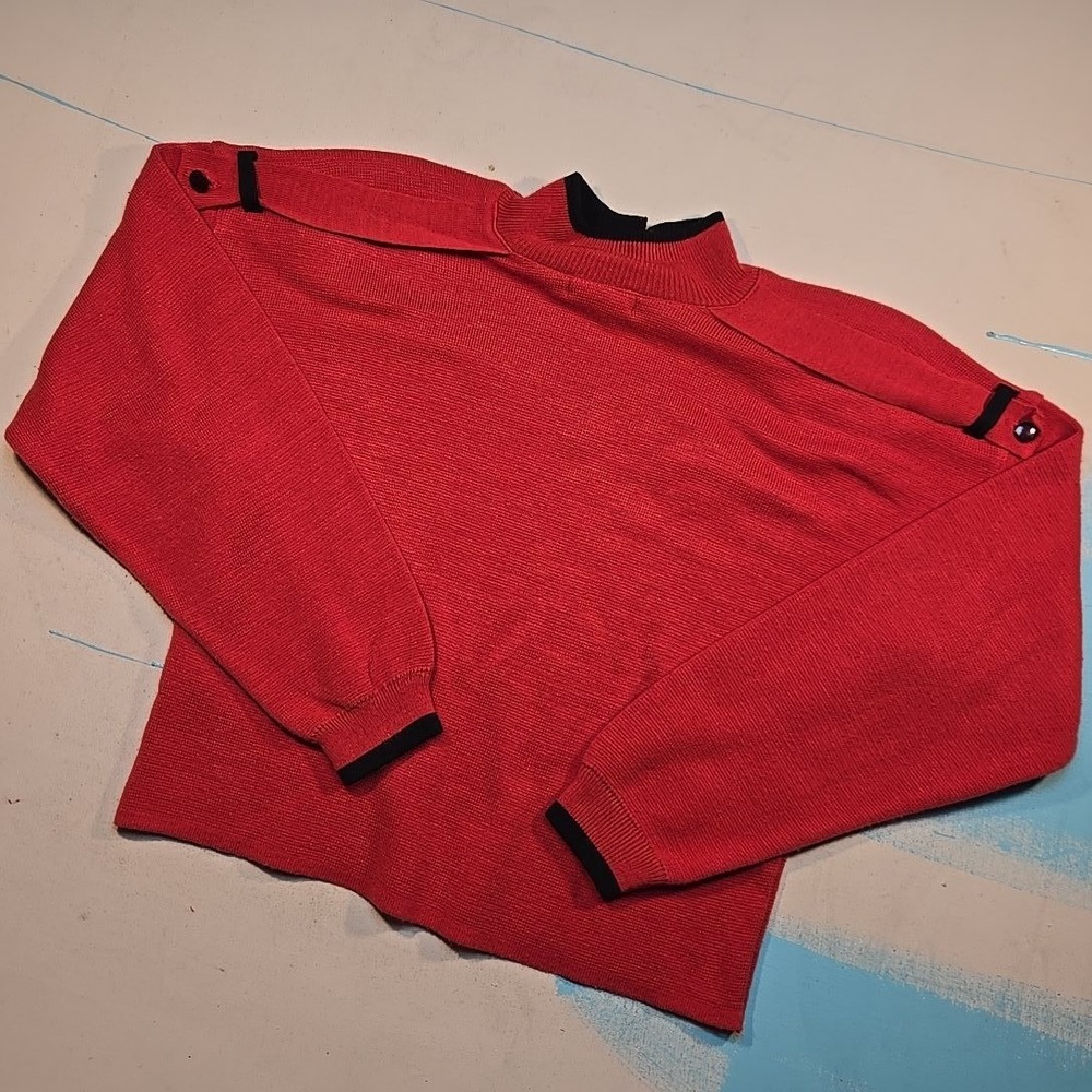 VTG Mexx Womens M Sweater Red‎ Mock Neck Shoulder Strap Pockets Black Trim 90s